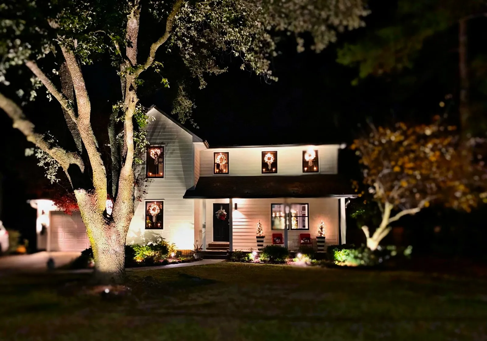 Landscape tree uplighting on a mature oak in Cumberland County NC