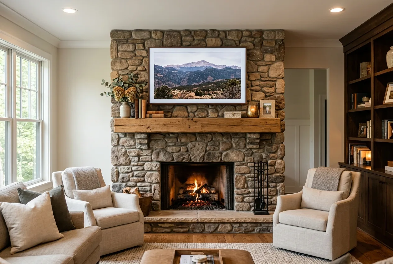TV mounted above a brick fireplace in Fayetteville, NC