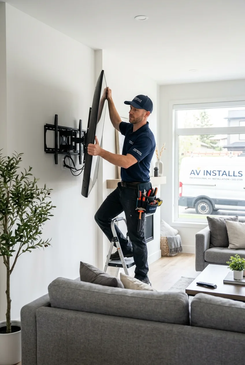 Expert TV Mounting technician professionally installing a large flat screen TV